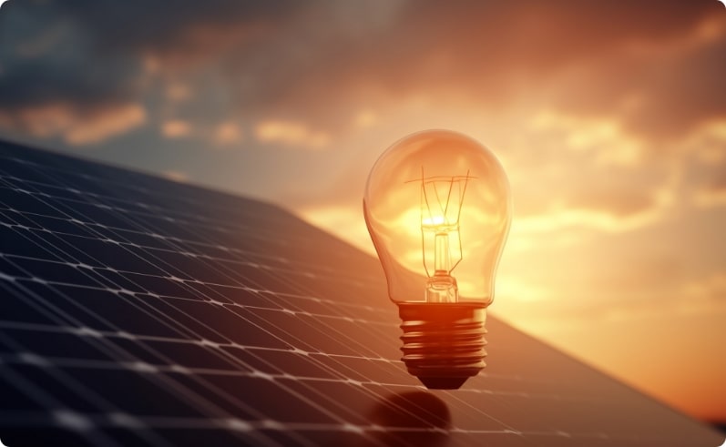 A light bulb is on top of a solar panel.